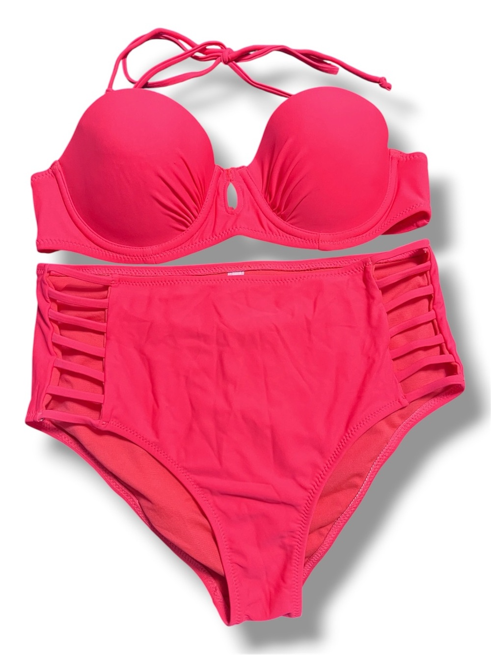 Fashion Nova Neon Pink High-Waist Strappy Bikini Set